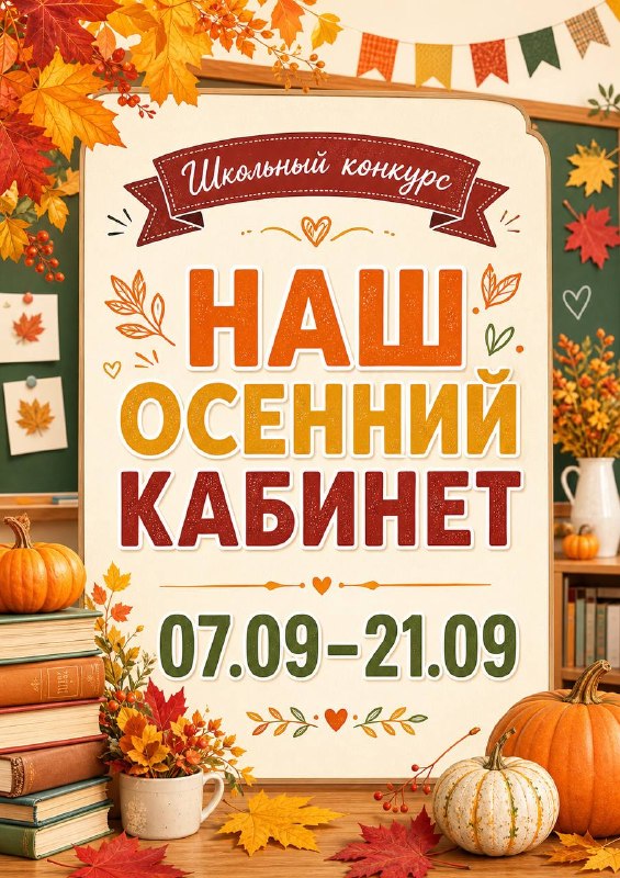 🍂 Внимание! Объявляется старт конкурса «Наш осенний кабинет»!За окнами кружатся золотые листья, а в наших классах поселится осеннее волшебство! 🎨✨Мы приглашаем всех учеников и классных руководителей проявить фантазию и превратить свои кабинеты в настоящие уютные уголки осени. Пусть здесь будет тепло даже в самую холодную погоду!Что можно делать?🍁 Украшать двери и окна гирляндами из листьев;🎃 Создавать осенние инсталляции и композиции;📚 Добавлять уютные детали (пледы, свечи, тыквы).Главное — атмосфера и командный дух!Пусть победит лучший осенний дизайн! А пока — творите и вдохновляйтесь. Ваш кабинет — ваше настроение! 🍂❤️